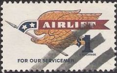 $1 U.S. postage stamp picturing eagle grasping 'Airlift' banner