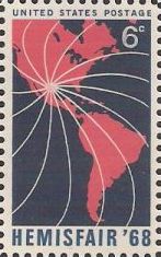Blue and red 6-cent U.S. postage stamp picturing outlines of North and South America