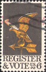 Black and yellow orange 6-cent U.S. postage stamp picturing eagle weather vane