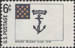 Blue and yellow 6-cent U.S. postage stamp picturing Rhode Island flag