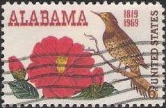 6-cent U.S. postage stamp picturing red flower and brown bird