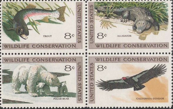 Block of four 8-cent U.S. postage stamps picturing trout, alligator, polar bear, and California condor