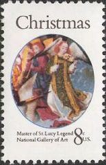 8-cent U.S. postage stamp picturing Master of St. Lucy Legend painting of angels