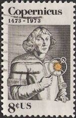 Black and orange 8-cent U.S. postage stamp picturing Nicolaus Copernicus