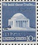 Blue 10-cent U.S. postage stamp picturing Jefferson Memorial
