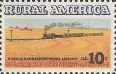 10-cent U.S. postage stamp picturing wheat field and train