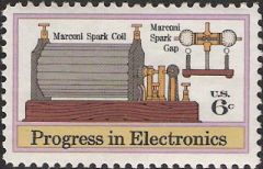 6-cent U.S. postage stamp picturing Marconi spark coil and Marconi spark gap