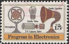 15-cent U.S. postage stamp picturing microphone, radio speaker, and tubes