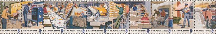 Strip of 10 8-cent U.S. postage stamps picturing postal service employees at work