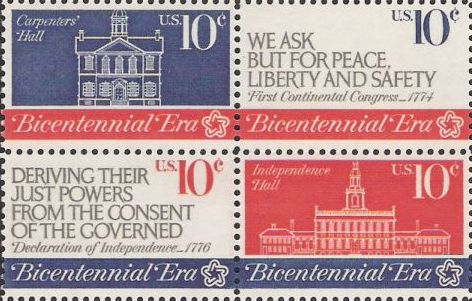 Block of four 10-cent U.S. postage stamps picturing Carpenters' Hall, quotes from the First Continental Congress and the Declaration of Independence, and Independence Hall