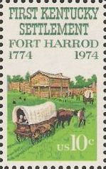 10-cent U.S. postage stamp picturing Fort Harrod and covered wagons