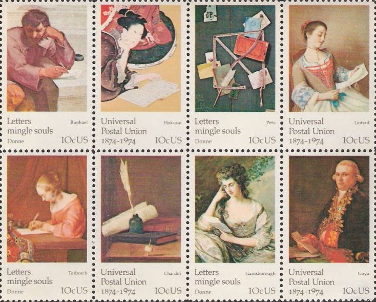Block of eight 10-cent U.S. postage stamps picturing letters and letter writers