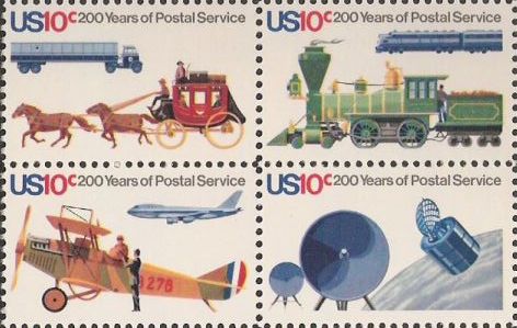 Block of four 10-cent U.S. postage stamps picturing forms of mail transportation and satellites