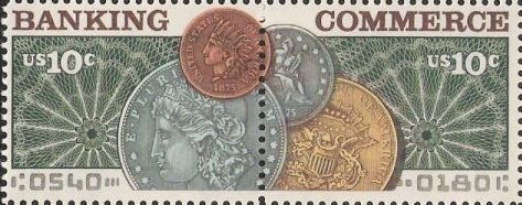 Pair of 10-cent U.S. postage stamps picturing coins