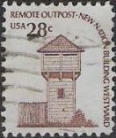 Brown 28-cent U.S. postage stamp picturing Fort Nisqually