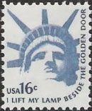 Blue 16-cent U.S. postage stamp picturing Statue of Liberty