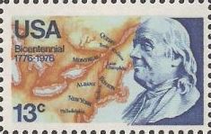 13-cent U.S. postage stamp picturing Benjamin Franklin and map of New England