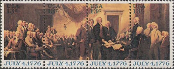 Strip of four 13-cent U.S. postage stamps picturing signing of the Declaration of Independence