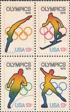 Block of four 13-cent U.S. postage stamps picturing diver, skier, runner, and skater
