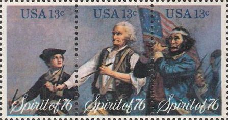 Strip of three 13-cent U.S. postage stamps picturing drummers and fifer