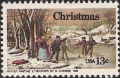 13-cent U.S. postage stamp picturing Currier lithograph of ice skaters