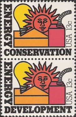 Pair of 13-cent U.S. postage stamps picturing sun, light bulb, and fuel can