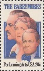 20-cent U.S. postage stamp picturing John, Ethel, and Lionel Barrymore