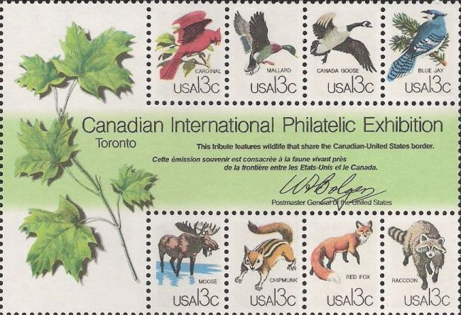 Souvenir sheet of eight 13-cent U.S. postage stamps picturing North American wildlife