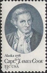 Blue 13-cent U.S. postage stamp picturing James Cook