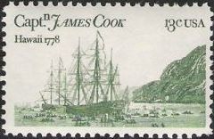 Green 13-cent U.S. postage stamps picturing James Cook's ships near Hawaii