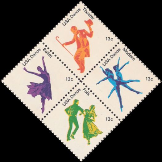 Block of four 13-cent U.S. postage stamps picturing dancers