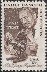 Brown 13-cent U.S. postage stamp picturing George Papanicolaou and microscope