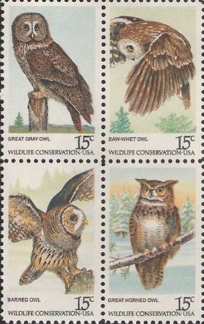 Block of four 15-cent U.S. postage stamps picturing owls