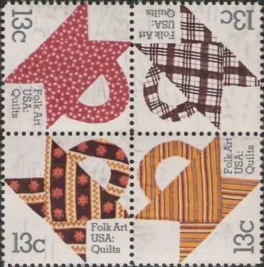 Block of four 13-cent U.S. postage stamps picturing quilts