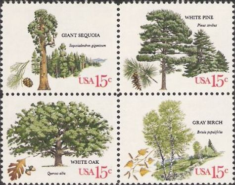 Block of four 15-cent U.S. postage stamps picturing trees