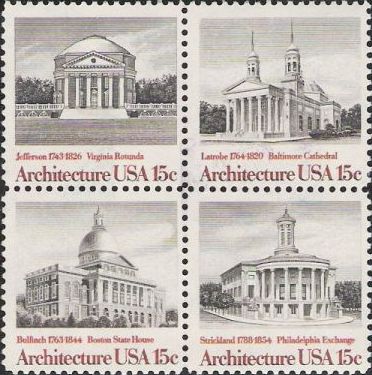 Block of four black & red 15-cent U.S. postage stamps picturing buildings