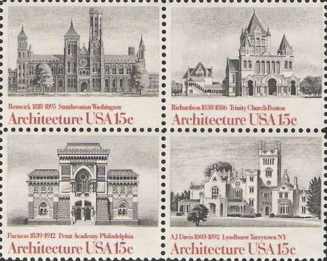Block of four black & red 15-cent U.S. postage stamps picturing buildings