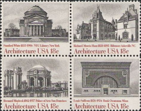 Blokc of four 18-cent U.S. postage stamps picturing buildings