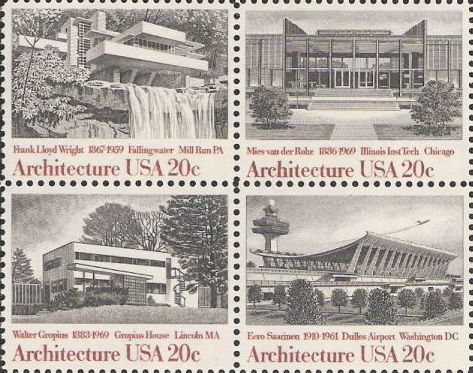 Block of four 20-cent U.S. postage stamps picturing buildings