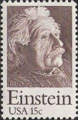 Brown 15-cent U.S. postage stamp picturing Albert Einstein