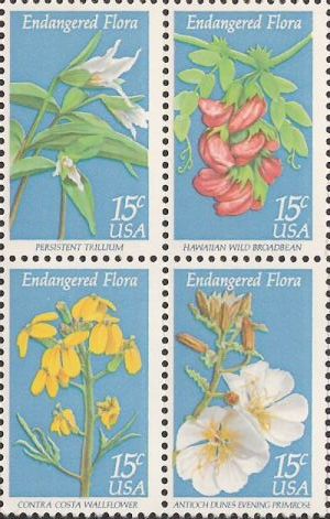 Block of four 15-cent U.S. postage stamps picturing flowers