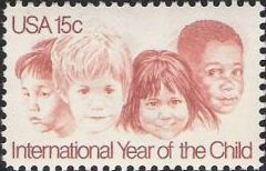 Red 15-cent U.S. postage stamp picturing four children