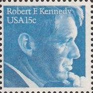 Blue 15-cent U.S. postage stamp picturing Robert F. Kennedy