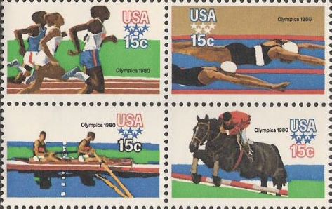 Block of four 15-cent U.S. postage stamps picturing summer Olympians