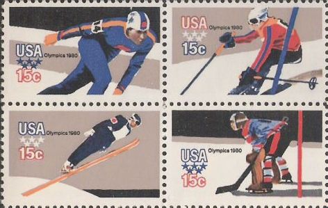 Block of four 15-cent U.S. postage stamps picturing winter Olympians