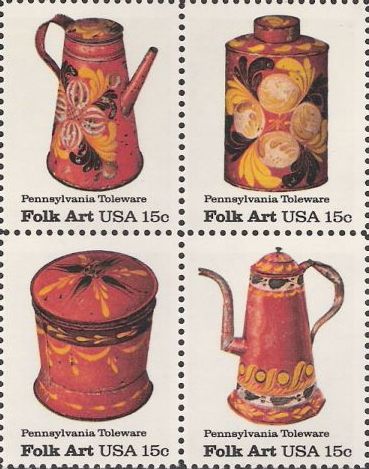 Block of four 15-cent U.S. postage stamps picturing Pennsylvania toleware