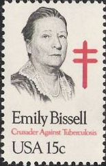 Black & red 15-cent U.S. postage stamp picturing Emily Bissell and Cross of Lorraine