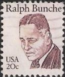 Purple brown 20-cent U.S. postage stamp picturing Ralph Bunche