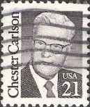 Black 21-cent U.S. postage stamp picturing Chester Carlson