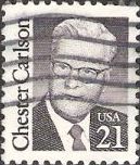 Black 21-cent U.S. postage stamp picturing Chester Carlson